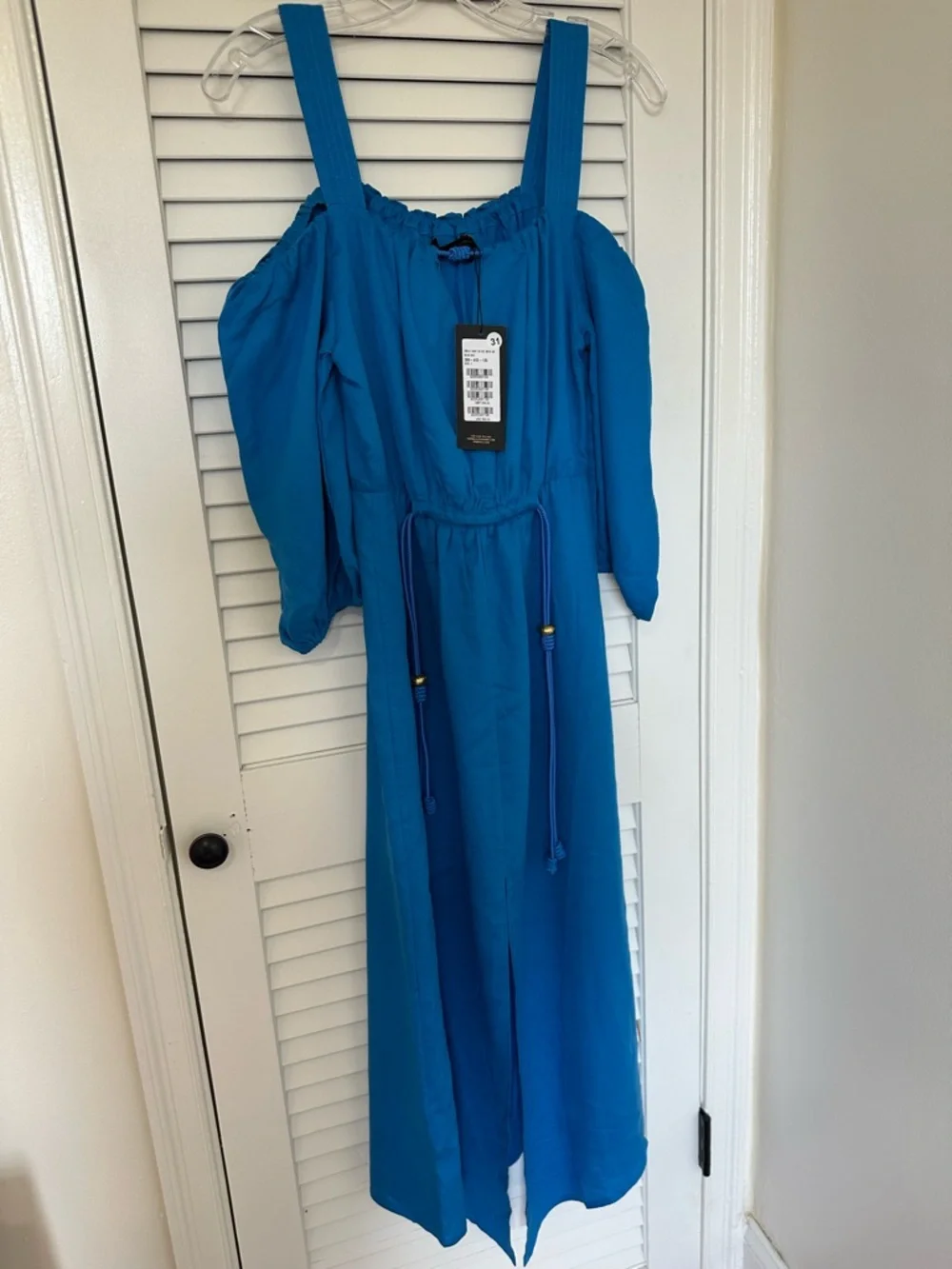 NWT Vix Paula Hermanny Blue Linen Blend off the shoulder Maxi Dress, Size 2 - Picture 7 of 9